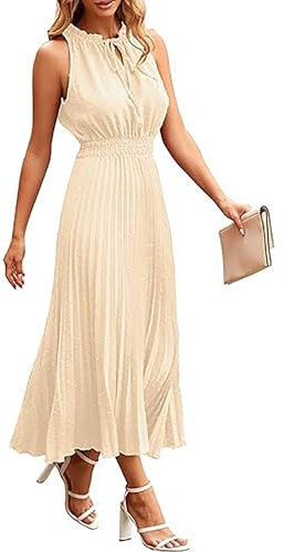 ONAYEYO Damen Sommer Plissee Lang Kleid V Ausschnitt ärmellos Schweizer Punkt Sommerkleid Elegant Hohe Taille Abendkleid Midikleid Casual Einfarbig Strandkleid (S, Aprikose)