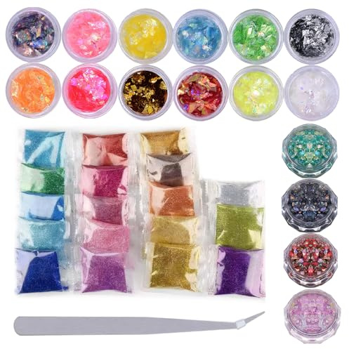 DERJDISF Glitter - 31 Set Piezas de Brillo Cosmético para Decoración de Uñas, Complementos de Limo y Maquillaje con Brillo, Un Combo de Brillo Fino y Grueso para Uñas, Manualidades y Moldes de Resina