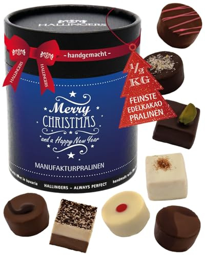 Hallingers Genuss Manufaktur Pralinen Weihnachts-Geschenk - ohne Alkohol, handmade aus Confiserie-Edelkakao in wertiger XXL-Geschenkdose Merry Christmas..., Weihnachten für Frauen Männer