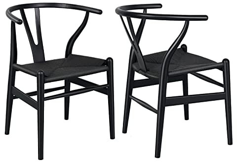 Polynices Esszimmerstuhl 2er Set, Massivholz Geflecht Sessel Stuhl Mid-Century Y-förmige Rückenlehne Esszimmerstühle.Esche + schwarz/Mit dem weißen flechtseil