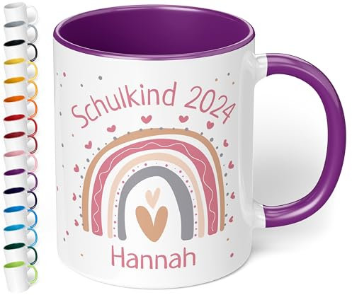 True Statements Keramik-Tasse personalisiert „Schulkind 2025“ - Geschenk zur Einschulung für Mädchen - Regenbogen Herzen - 330ml - Erstklässler Schüler 1. Klasse, Violett