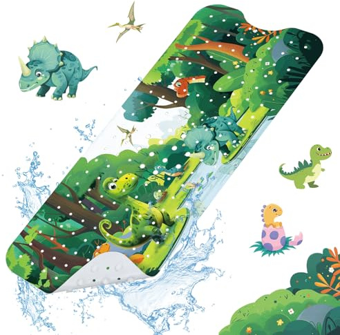 SHUCHING Green Dinosaurs Bath Mat Non Slip Kids, 100 X 40 cm Extra Long Baby Bathtub Mat Anti Slip, Boys Shower Mat Non Slip Anti Mould for Bathroom Machine Washable