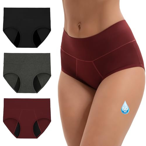 INNERSY Menstruationsunterwäsche Starke Blutung Bambus Perioden Unterwäsche Hoher Bund 3er Pack (42, Schwarz/Grau/Dunkelrot)