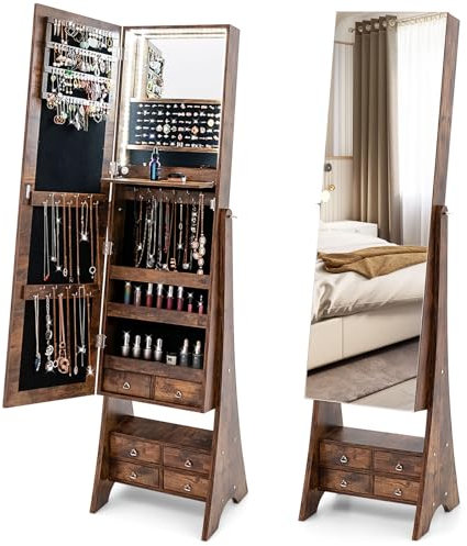 COSTWAY Armoire à Bijoux avec Miroir Pleine Longueur, Organisateur de Bijoux avec Miroir & Lumières LED Intégrées, Étagère de Maquillage Pliable, Angles d'Inclinaison Réglables, Blanc (Marron)