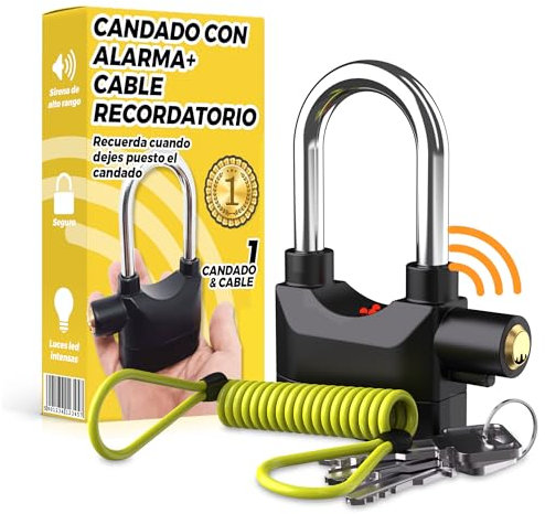 Candado Moto con Alarma - Candado Moto y Alarma de 110 db con Cable Recordatorio Elástico de 1,5 metros - Antirrobo Motos, Bicicletas o Patinetes - Fácil de Usar, Ligero- Pilas Botón Inlcuidas (5uds)