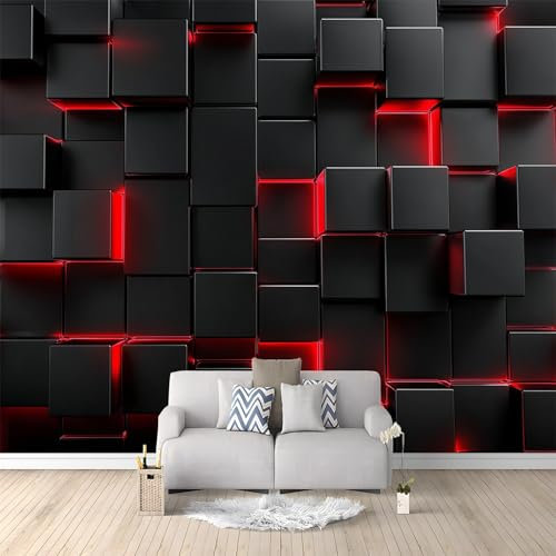 Papier Peint Intissé Géométrie Carrée Noire Et Rouge 400x280 cm Papier Peint Panoramique Moderne, Papier Peint Mural Photo pour Salon, Chambre, Décor Fond TV