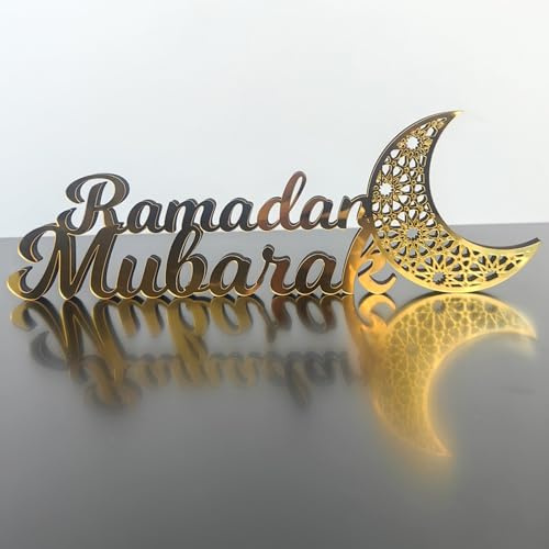 Eid Mubarak Tischdeko Holz, Ramadan Tisch Schild Deko, Holz Acryl Ramadan Tischdeko Gold Islam Mond Deko Muslimische Deko Ramadan Eid Party Tisch Ornament Heimdekoration Geschenk