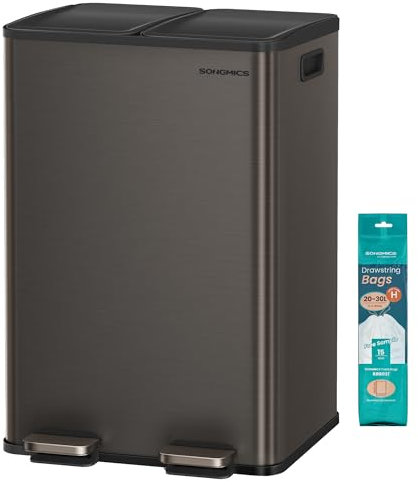 SONGMICS Mülleimer Küche, 2 x 30 Liter, 2 Fächer, Abfalleimer, Tretmülleimer, Küchenmülleimer mit Softclose-Deckel und Inneneimer, Edelstahl, inklusive 15 Müllbeutel, schiefergrau LTB741G01