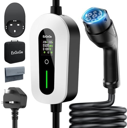 EzGoGo EV Charger Cable Type 2 to 3 Pin Plug 32.81Ft/10M Electric Car Charger 3kW, [6/8/10/13A] Type 2 Charging Cable 3 Pin IP65 Advanced Protection Suitable for EVs & PHEVs