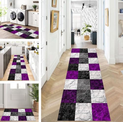 Teppich Läufer Lang Flur Küche Schwarz Grau Lila rutschfest waschbar Teppichmatten Modern Design Küchenläufer 50X120cm Küchenteppich Meterware Esszimmer Schlafzimmer Wohnzimmer Schmutzfangmatte