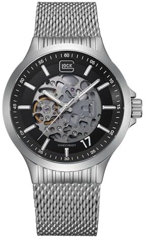 GLOCK Herren Automatik Uhr | 44mm Gehäuse | Armbanduhr mit Silbernem Edelstahlgehäuse | Schwarzem Zifferblatt | Silbernem Mesharmband | 10ATM | GW-14-4-24