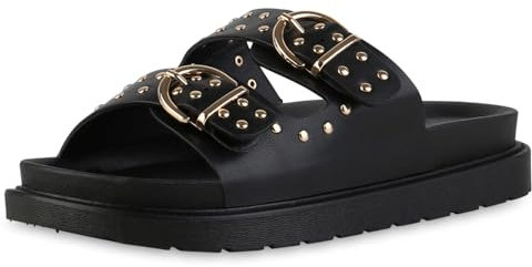 VAN HILL Damen Pantoletten Plateau Nieten Trendy Schuhe 217448 Schwarz 39