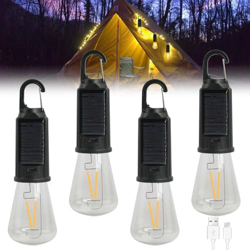 4 Stücke Campinglampe Solar: Camping Lights Aufladbar Zeltlampe, Camping Lantern mit Karabiner, LED Camping Laterne Zeltlampe Glühbirne Set Camping Lampen, Camping Licht für Notfall, Camping, Wandern