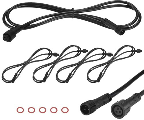 M METERXITY 5-Pack Waterproof Extension Cable, 3 Pin 3.28 Ft/1m Extension Cord Wire with 22AWG IP67 Male and Female Connectors for Outdoor Spotlights/LED Deck Lights [Black]