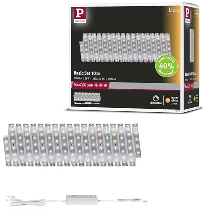 Paulmann MaxLED 500 Basisset 10m Warmweiß Silber | Dimmbar, 2700K, 550lm/m, selbstklebend, kürzbar, inkl Trafo