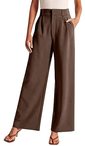 Pantalon large taille haute pour femme - Couleur unie - Avec poches fonctionnelles - Pantalon de costume sur mesure pour le bureau, les affaires, les loisirs et les courses de fin de semaine, marron