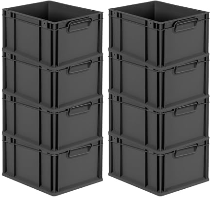 PROREGAL SuperSparSet 8x Eurobox NextGen Color | HxBxT 22x30x40cm | 20 Liter | Griffe schwarz geschlossen | Glatter Boden | Schwarz | Eurobehälter, Transportbox, Transportbehälter, Stapelbehälter