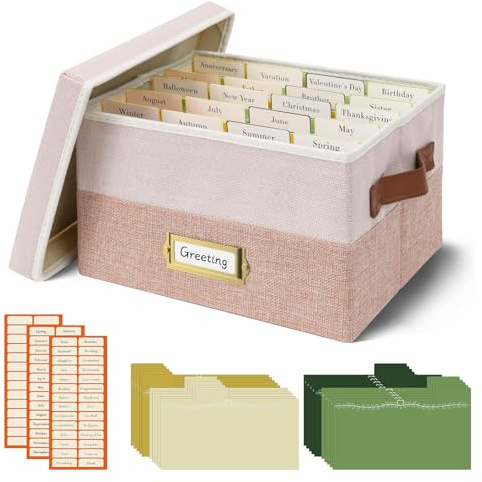Vienrose Boîte de Rangement pour Cartes de Vœux en Lin, Beige | Boîte à Souvenirs avec 20 Intercalaires Amovibles et 84 Étiquettes Autocollantes pour Photos Cartes Postales et Enveloppes