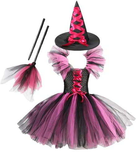 Xoguue Witch Costume For Kids, Witch Cosplay Dress Up With Tutu Skirt, Hat & Broom, Halloween Costumes For 3-8 Years Girls