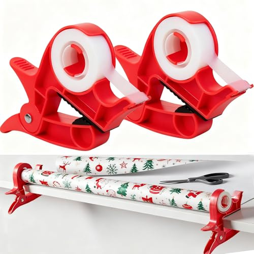 Wrapping Paper Cutter, 2Pcs Wrapping Paper Clamps with Tape Dispenser Gift Wrap Holder Tabletop Gift Wrapping Tool Christmas Wrapping Accessories