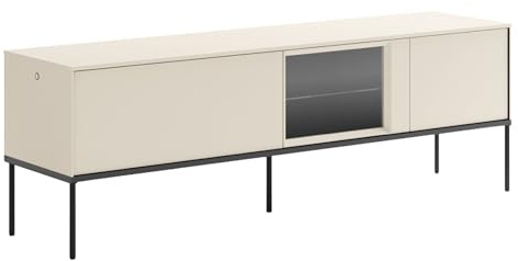 NUK Selsey TV-Lowboard 166 cm Cremefarbenes Mattes Design Hochwertige Spanplatte & Gehärtetes Glas Schwarze Metallbeine Integriertes Eye-LED mit Touch Push-to-Open Ideal fürs Wohnzimmer