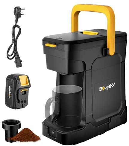 BougeRV Cordless Coffee Machine with Removable 18V 8Ah Battery, Compatible with Coffee Pods & Ground Filter Coffee, Portable Single-Serve Espresso & Coffee Maker with AC/DC Charging for Travel Camping
