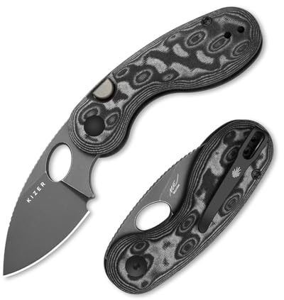 Kizer Microbe EDC Taschenmesser mit Drop Point Klinge, V2742A5 | 5,56 cm 14C28N Stahl Klinge mit Schwarzem Vortex Pattern Micarta Griff, EDC Messer für Camping und Wandern