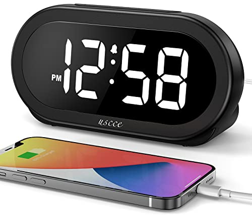 USCCE Small LED Digital Alarm Clock with Snooze, Easy to Set, Full Range Brightness Dimmer, Adjustable Alarm Volume with 5 Alarm Sounds, USB Charger, 12/24Hr, Compact Clock for Bedrooms, Bedside, Desk