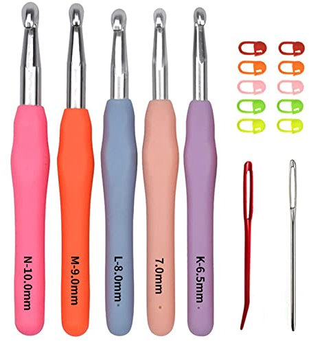 Häkelnadelset, Größe 6,5 mm 7,0 mm 8,0 mm 9,0 mm 10,0 mm Weiche Griffe Große Häkelnadeln mit Nadeln und Stichmarkierungen (Multi-Colored A)