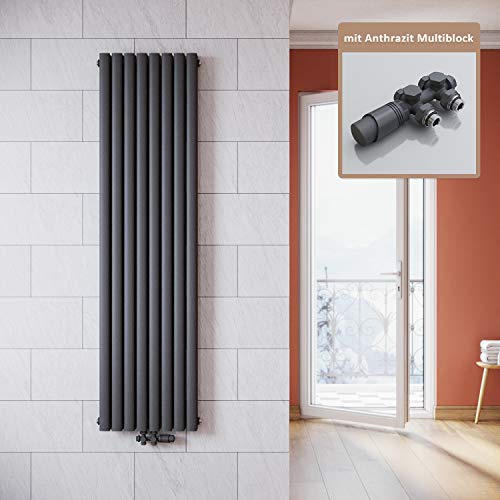 ELEGANT Vertikal Heizkörper Anthrazit 1800x472mm mit Multiblock Anthrazit Thermostat Design Heizkörper Doppellagig Röhrenheizkörper Badheizkörper Mittelanschluss