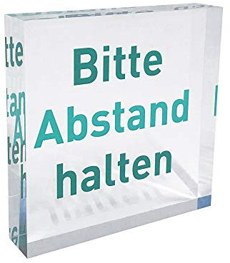 transparenter Acrylblock als Infoständer, Hinweisaufsteller mit Aufdruck „Bitte Abstand halten“ in der Farbe Türkis, Infoaufsteller aus original PLEXIGLAS