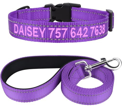 TagME Hundehalsband und Leine, Personalisierbar Reflektierendes Hundehalsband Mit 1.5M Doppelseitige Reflektierende Hundeleine für Mittelgroße, Lila
