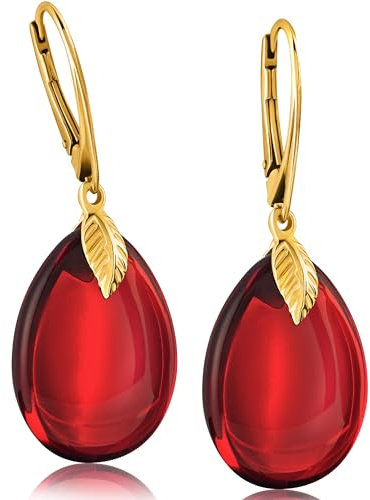Amber by Mazukna - Orecchini in ambra rossa - Elegante gioiello in ambra con ciondolo con montaggio dorato per donna, orecchini a goccia in ambra, gioielli da donna, Klein, Argento sterling, Ambra