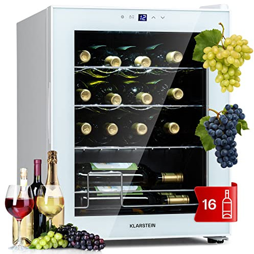 Klarstein Shiraz Weinkühlschrank Freistehend, Kleiner Getränkekühlschrank für Wein, Prosecco & Bier, 1 Zone Weinkühlschrank mit Glastür & Touch-Bedienfeld, Kühlschrank Klein, 5-18°C, 16 Flaschen
