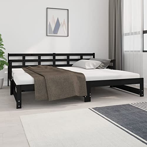 Tidyard Tagesbett Ausziehbar Schlafsofa Bettsofa Bettgestell Einzelbett Sofabett Jugendbett Sofa Couch Funktionsbett Gästebett Rollbett Schwarz Massivholz Kiefer 2X(90x200) cm