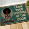 Funny Flannel Door Mat - Indoor Welcome Mat 23.6x15.7 Inch - Home Decor Meditation Yoga Afro - Leave Your Worries at The Door - Housewarming Decor