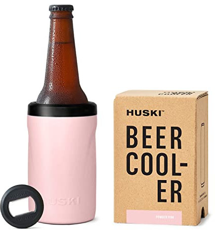 Huski Beer Cooler 2.0 | New | Premium Can and Bottle Holder | Triple Insulated Marine Grade Stainless Steel | Detachable 3-in-1 Opener | Works as a Tumbler | Best Gifts for Beer Lovers (Powder Pink)