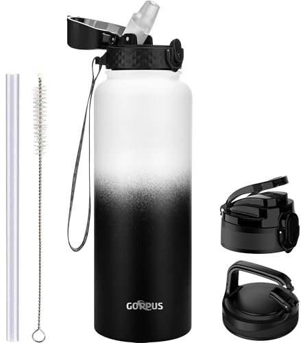 GOPPUS 1.2L/40oz Stainless Water Bottle with Straw Double Wall Insulated Bottles with Strap Large Vacuum Thermal Flask Leakproof Keep Cold Drinks Bottles with Flip Top Lid for Men Women BPA Free