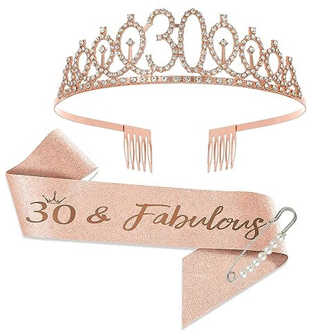 JurciCat 30 Geburtstag Frauen Deko Schärpe und Tiara Rose Gold Krone Geschenke 30. Geburtstag Frau für Birthday Party Decoration