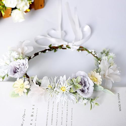 Blumenkranz Haare Haarkranz Blumen Haarreif, Blumenmädchen Stirnbänder Kopfschmuck Floral Girlande Blumenstirnband Verstellbarer Gürtel für Hochzeit Zeremonie Party Festival,Helles Lila