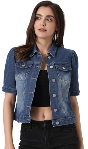 Allegra K Veste en Jean Femme Boutonnage Blouson en Denim Décontractée Manches Courtes Bouffantes avec Poches à Rebats Bleu L