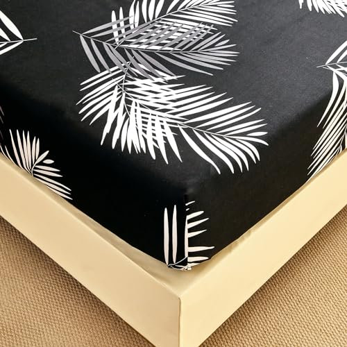 Spannbettlaken 200x200 cm - Tropische Palmenblätter Muster - Spannbettuch Bis 30 cm Matratzenhöhe - Bettlaken Weiche Polyester-Mikrofaser Schwarz