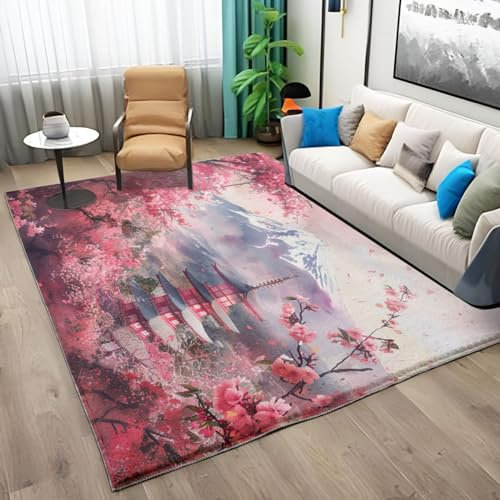 Tapis Salon Lavable 80x150 cm Tapis Chambre, Montagne De Fleurs De Cerisier De Style Japonais Tapis Pile Courte et Douce Rectangulaire Tapis pour Les Salons et Les Couloirs Antidérapant Tapis