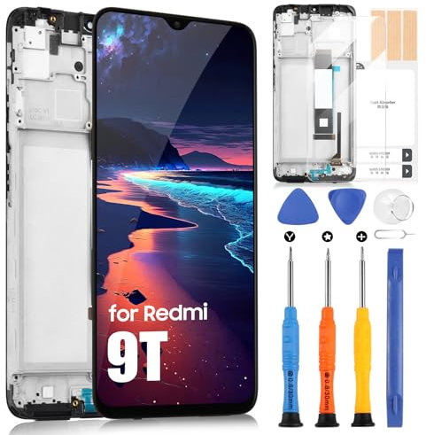 Pantalla LCD para Xiaomi Poco M3 M2010J19CG / Redmi 9T M2010J19SG Pantalla Táctil Digitizer Cristal de Repuesto con Kit de Reparación (Negro con Marco)