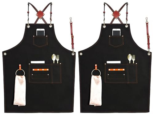 YYNLIN Delantal de lona para barbacoa con bolsillos para hombres y mujeres, delantal utilitario para carpinteria, peluqueria, trabajos de jardineria, chef de cocina, ajustable,Black-2pieces