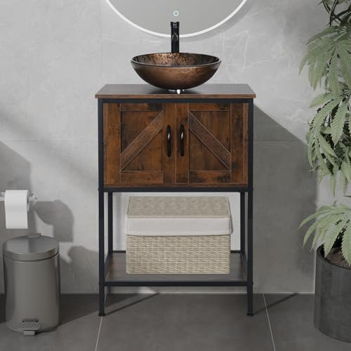 YU YUSING Ensemble de Meubles de Salle de Bain avec Lavabo, Meuble de Salle de Bains Rangement avec 2 Portes et 1 Étagère Ouverte, Armoire de Salle de Bain, Meuble sous Lavabo/Vasque (Rond Marron)