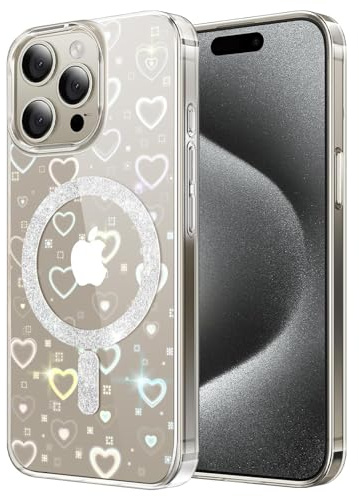 DEVASO Magnetisch Hülle für iPhone 15 Pro Max Kompatibel mit MagSafe, Farbverlauf Glitzer Herz Muster Transparent Handyhülle, Durchsichtige Flash Hologramm Kratzfest Schutzhülle für Mädchen Frauen