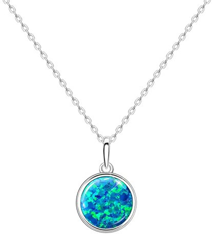 KristLand Moonlight Kette Damen Erstellt Weißer Opal Anhänger aus Sterlingsilber mit Anhänger kreisförmig Kreis Form Geschenk für Frauen/Mädchen/Hochzeiten/Party 16MM Blau Opal
