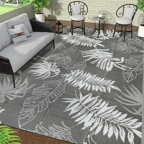 Falflor Grande tappeto da esterno in plastica impermeabile, reversibile, per esterni, campeggio, interni ed esterni, grande, per camper, patio, spiaggia, cortile (grigio, 240 x 300 cm)