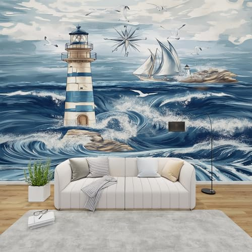 QEODAH 3D Tapete Nautisch Schlafzimmer, Fototapete Leuchtturm Segeln, Vliestapete Grau Blau, Tapeten Wohnzimmer Muster, Meer Segelboot Wand Deko Kinderzimmer, Wandtapete, Mustertapete 350x256 cm